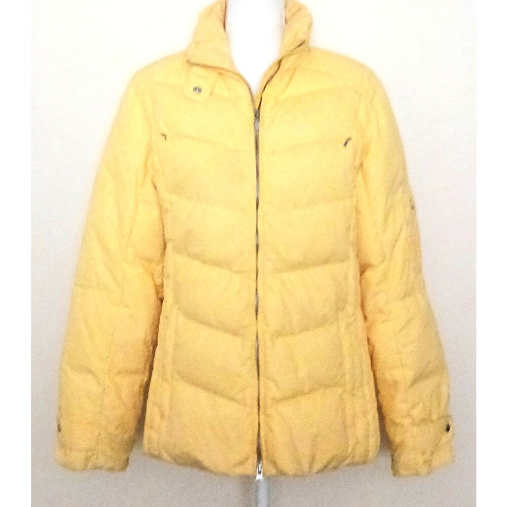 Lands End Down Short Yellow Quilted Puffer Jacket Zip Pockets Sz M